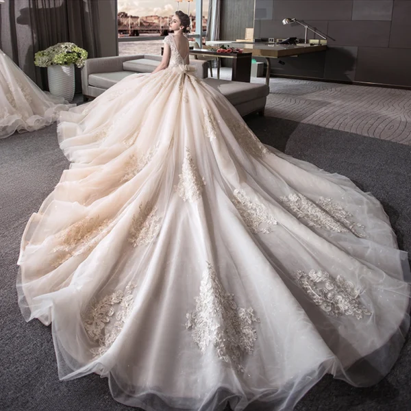 Élégant Champagne Transparentes Robe De Mariée 2019 Princesse Encolure Dégagée Mancherons Dos Nu Appliques En Dentelle Perlage Cathedral Train Volants