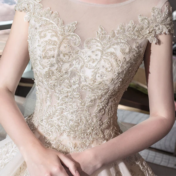 Élégant Champagne Transparentes Robe De Mariée 2019 Princesse Encolure Dégagée Mancherons Dos Nu Appliques En Dentelle Perlage Cathedral Train Volants