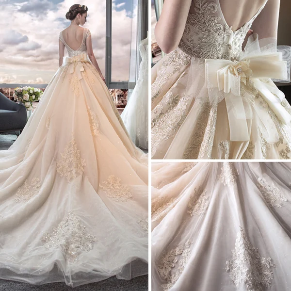 Élégant Champagne Transparentes Robe De Mariée 2019 Princesse Encolure Dégagée Mancherons Dos Nu Appliques En Dentelle Perlage Cathedral Train Volants