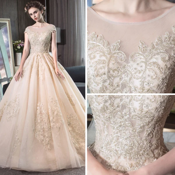 Élégant Champagne Transparentes Robe De Mariée 2019 Princesse Encolure Dégagée Mancherons Dos Nu Appliques En Dentelle Perlage Cathedral Train Volants