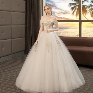 Abordable Ivoire Robe De Mariée 2019 Princesse De L Épaule Manches Courtes Dos Nu Appliques En Dentelle Perlage Longue Volants