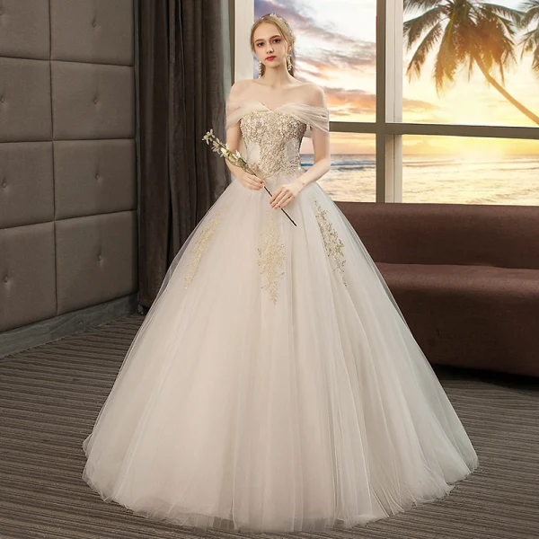 Affordable Ivory Wedding Dresses 2019 A-Line / Princess Off-The-Shoulder Short Sleeve Backless Appliques Lace Beading Floor-Length / Long Ruffle