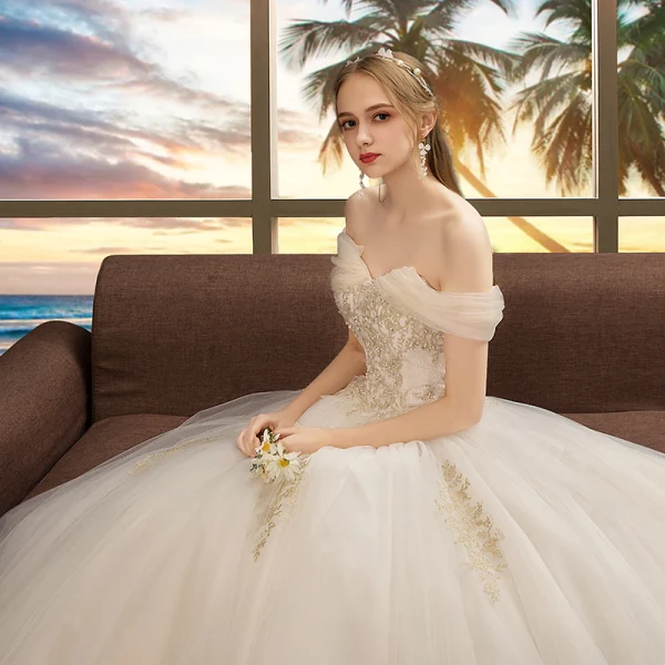 Affordable Ivory Wedding Dresses 2019 A-Line / Princess Off-The-Shoulder Short Sleeve Backless Appliques Lace Beading Floor-Length / Long Ruffle
