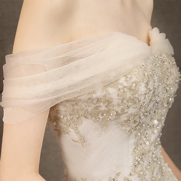 Affordable Ivory Wedding Dresses 2019 A-Line / Princess Off-The-Shoulder Short Sleeve Backless Appliques Lace Beading Floor-Length / Long Ruffle
