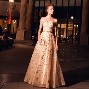 Élégant Champagne Robe De Soirée 2019 Princesse De L Épaule Manches Courtes Métal Ceinture Glitter Tulle Longue Volants Dos Nu Robe De Ceremonie