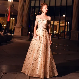 Élégant Champagne Robe De Soirée 2019 Princesse De L Épaule Manches Courtes Métal Ceinture Glitter Tulle Longue Volants Dos Nu Robe De Ceremonie