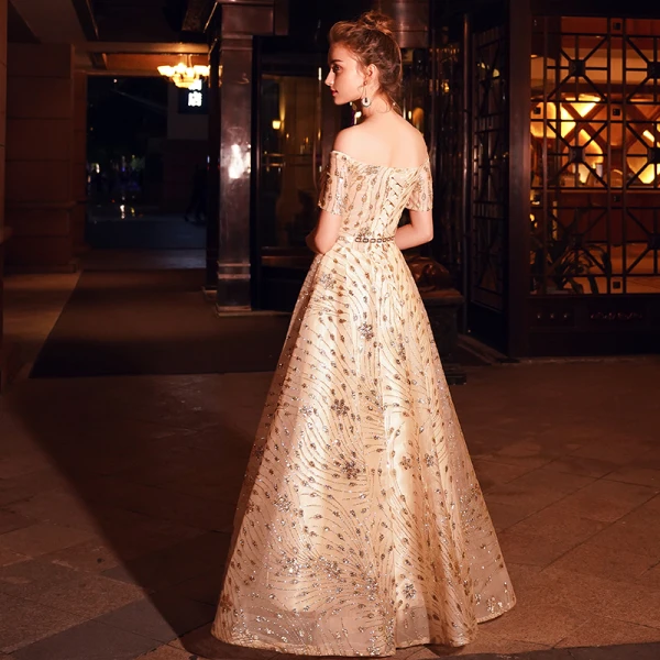 Elegant Champagne Evening Dresses 2019 A-Line / Princess Off-The-Shoulder Short Sleeve Metal Sash Glitter Tulle Floor-Length / Long Ruffle Backless Formal Dresses