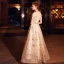 Elegant Champagne Evening Dresses  2019 A-Line / Princess Off-The-Shoulder Short Sleeve Metal Sash Glitter Tulle Floor-Length / Long Ruffle Backless Formal Dresses