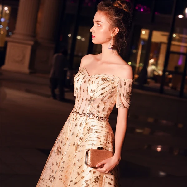 Elegant Champagne Evening Dresses 2019 A-Line / Princess Off-The-Shoulder Short Sleeve Metal Sash Glitter Tulle Floor-Length / Long Ruffle Backless Formal Dresses