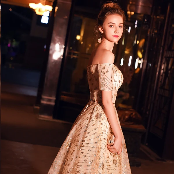 Elegant Champagne Evening Dresses 2019 A-Line / Princess Off-The-Shoulder Short Sleeve Metal Sash Glitter Tulle Floor-Length / Long Ruffle Backless Formal Dresses