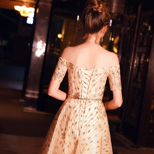 Elegant Champagne Evening Dresses 2019 A-Line / Princess Off-The-Shoulder Short Sleeve Metal Sash Glitter Tulle Floor-Length / Long Ruffle Backless Formal Dresses