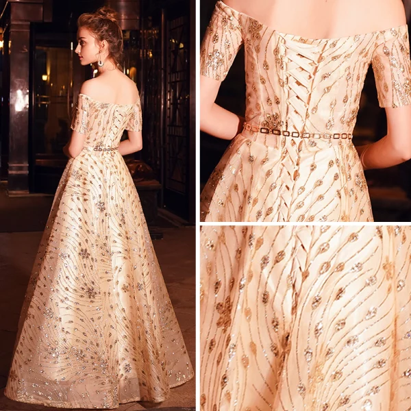 Elegant Champagne Evening Dresses 2019 A-Line / Princess Off-The-Shoulder Short Sleeve Metal Sash Glitter Tulle Floor-Length / Long Ruffle Backless Formal Dresses