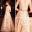 Elegant Champagne Evening Dresses  2019 A-Line / Princess Off-The-Shoulder Short Sleeve Metal Sash Glitter Tulle Floor-Length / Long Ruffle Backless Formal Dresses