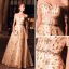 Elegant Champagne Evening Dresses  2019 A-Line / Princess Off-The-Shoulder Short Sleeve Metal Sash Glitter Tulle Floor-Length / Long Ruffle Backless Formal Dresses
