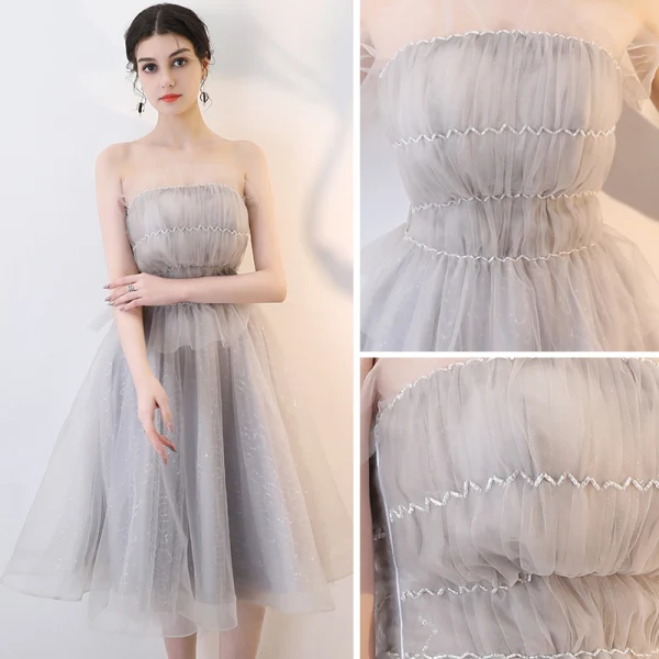 Elegant Grey Homecoming Graduation Dresses 2019 A-Line / Princess Strapless Sleeveless Glitter Tulle Knee-Length Ruffle Backless Formal Dresses