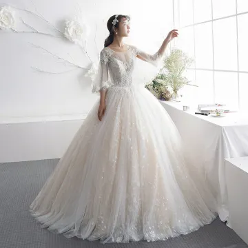 Luxe Champagne Transparentes Robe De Mariée 2019 Princesse Encolure Dégagée 3 4 Manches Dos Nu Appliques En Dentelle Perlage Glitter Tulle Longue Volants