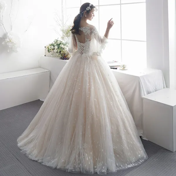 Luxury / Gorgeous Champagne See-through Wedding Dresses 2019 A-Line / Princess Scoop Neck 3/4 Sleeve Backless Appliques Lace Beading Glitter Tulle Floor-Length / Long Ruffle