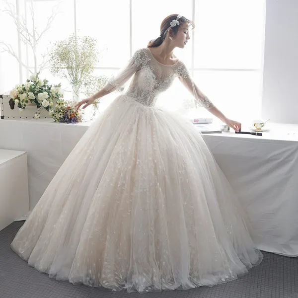 Luxury / Gorgeous Champagne See-through Wedding Dresses 2019 A-Line / Princess Scoop Neck 3/4 Sleeve Backless Appliques Lace Beading Glitter Tulle Floor-Length / Long Ruffle