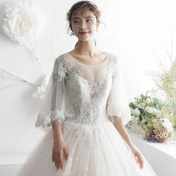 Luxury / Gorgeous Champagne See-through Wedding Dresses 2019 A-Line / Princess Scoop Neck 3/4 Sleeve Backless Appliques Lace Beading Glitter Tulle Floor-Length / Long Ruffle