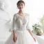 Luxury / Gorgeous Champagne See-through Wedding Dresses 2019 A-Line / Princess Scoop Neck 3/4 Sleeve Backless Appliques Lace Beading Glitter Tulle Floor-Length / Long Ruffle