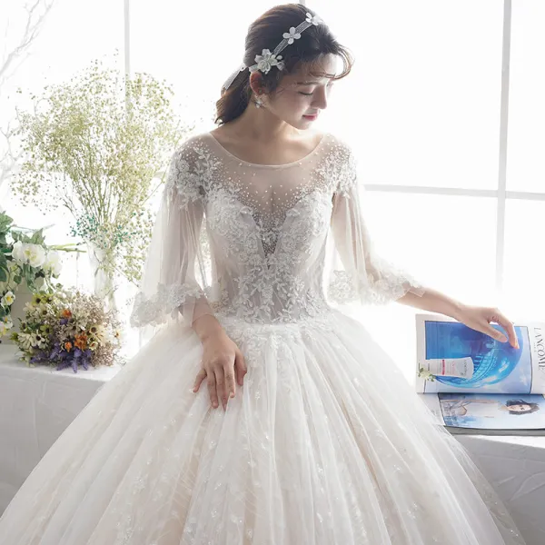 Luxury / Gorgeous Champagne See-through Wedding Dresses 2019 A-Line / Princess Scoop Neck 3/4 Sleeve Backless Appliques Lace Beading Glitter Tulle Floor-Length / Long Ruffle
