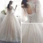 Luxury / Gorgeous Champagne See-through Wedding Dresses 2019 A-Line / Princess Scoop Neck 3/4 Sleeve Backless Appliques Lace Beading Glitter Tulle Floor-Length / Long Ruffle