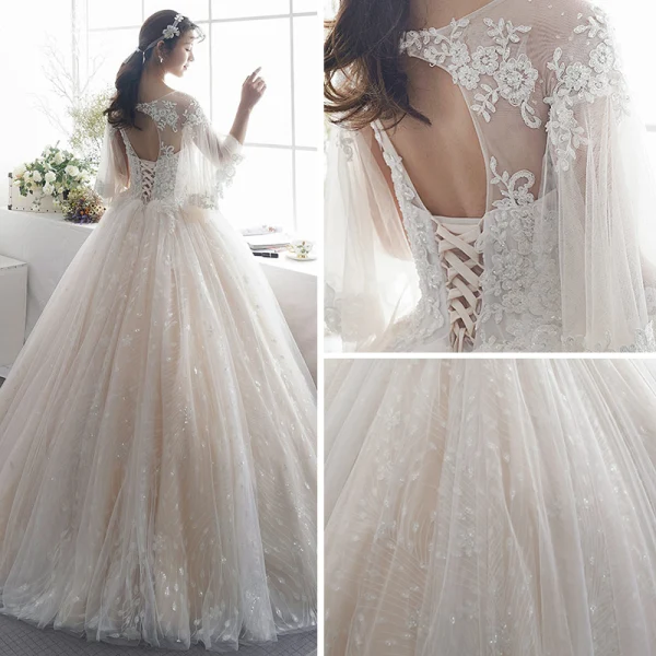 Gorgeous See Through Long Sleeve Scoop Neck Lace Tulle Wedding Dresses, WD164