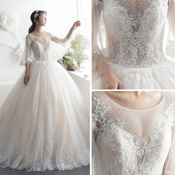 Luxury / Gorgeous Champagne See-through Wedding Dresses 2019 A-Line / Princess Scoop Neck 3/4 Sleeve Backless Appliques Lace Beading Glitter Tulle Floor-Length / Long Ruffle