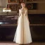 Elegant Gold Prom Dresses 2018 Empire Square Neckline Long Sleeve See-through Appliques Lace Floor-Length / Long Ruffle Formal Dresses