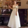 Elegant Gold Prom Dresses 2018 Empire Square Neckline Long Sleeve See-through Appliques Lace Floor-Length / Long Ruffle Formal Dresses