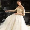 Elegant Gold Prom Dresses 2018 Empire Square Neckline Long Sleeve See-through Appliques Lace Floor-Length / Long Ruffle Formal Dresses