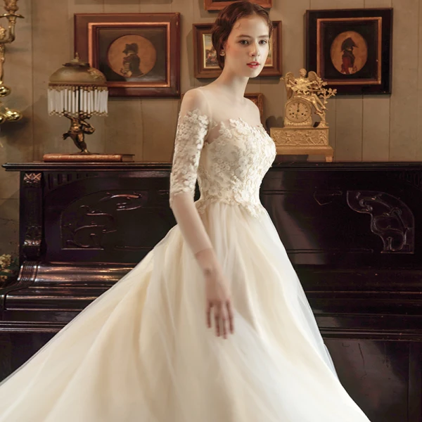 Elegant Gold Prom Dresses 2018 Empire Square Neckline Long Sleeve See-through Appliques Lace Floor-Length / Long Ruffle Formal Dresses