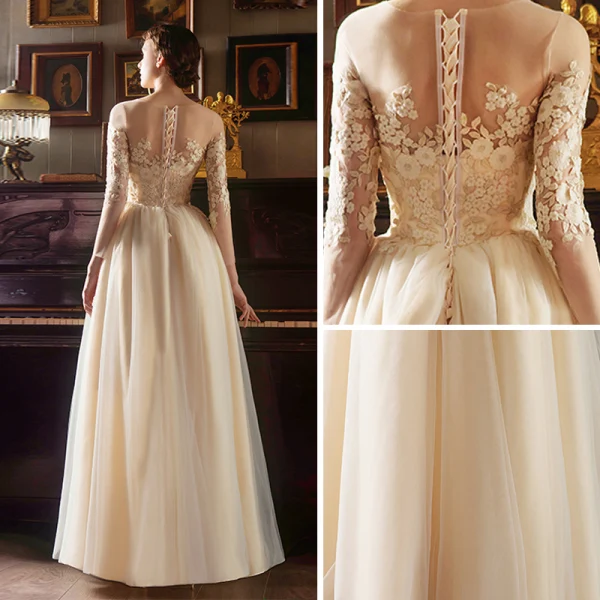 Elegant Gold Prom Dresses 2018 Empire Square Neckline Long Sleeve See-through Appliques Lace Floor-Length / Long Ruffle Formal Dresses