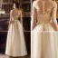 Elegant Gold Prom Dresses 2018 Empire Square Neckline Long Sleeve See-through Appliques Lace Floor-Length / Long Ruffle Formal Dresses