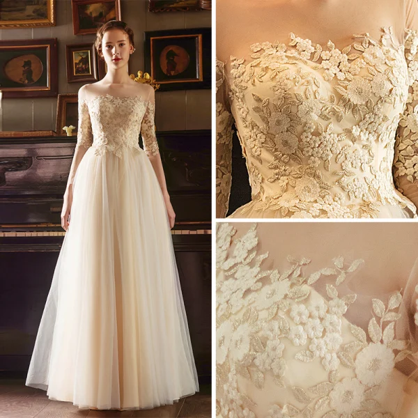 Elegant Gold Prom Dresses 2018 Empire Square Neckline Long Sleeve See-through Appliques Lace Floor-Length / Long Ruffle Formal Dresses