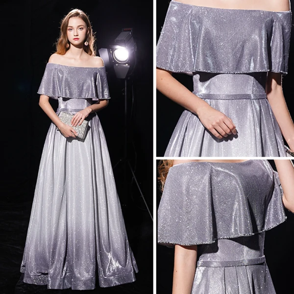 Sternenklarer Himmel Grau Abendkleider 2019 A Linie Off Shoulder Kurze Ärmel Stoffgürtel Lange Rüschen Rückenfreies Glanz Polyester Festliche Kleider