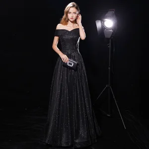 Stjernehimmelen Svart Selskapskjoler 2019 Prinsesse Av Skulderen Korte Ermer Sash Glitter Polyester Lange Buste Ryggløse Formelle Kjoler