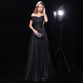Ciel Étoilé Noire Robe De Soirée 2019 Princesse De L Épaule Manches Courtes Ceinture Glitter Polyester Longue Volants Dos Nu Robe De Ceremonie