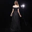 Sternenklarer Himmel Schwarz Abendkleider 2019 A Linie Off Shoulder Kurze Ärmel Stoffgürtel Glanz Polyester Lange Rüschen Rückenfreies Festliche Kleider