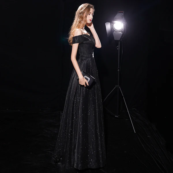 Starry Sky Black Evening Dresses 2019 A-Line / Princess Off-The-Shoulder Short Sleeve Sash Glitter Polyester Floor-Length / Long Ruffle Backless