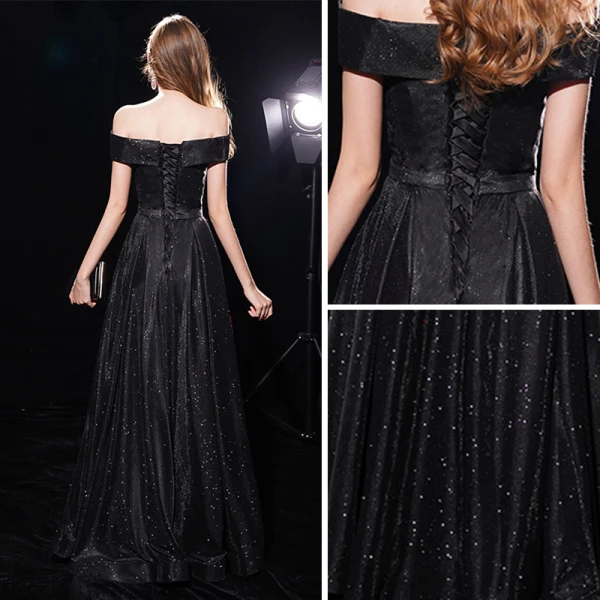 Sternenklarer Himmel Schwarz Abendkleider 2019 A Linie Off Shoulder Kurze Ärmel Stoffgürtel Glanz Polyester Lange Rüschen Rückenfreies Festliche Kleider