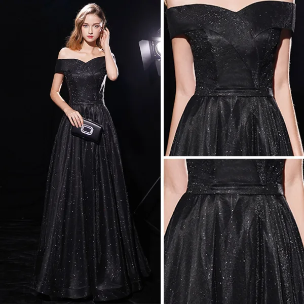 Sternenklarer Himmel Schwarz Abendkleider 2019 A Linie Off Shoulder Kurze Ärmel Stoffgürtel Glanz Polyester Lange Rüschen Rückenfreies Festliche Kleider