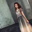 Illusion Bleu Marine Dégradé De Couleur Champagne Transparentes Robe De Bal 2019 Princesse V-Cou Manches Courtes Ceinture Perlage Glitter Tulle Longue Dos Nu Robe De Ceremonie