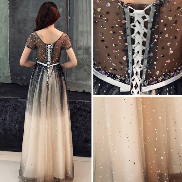 Illusion Bleu Marine Dégradé De Couleur Champagne Transparentes Robe De Bal 2019 Princesse V-Cou Manches Courtes Ceinture Perlage Glitter Tulle Longue Dos Nu Robe De Ceremonie