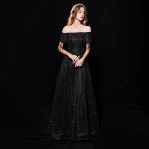 Ciel Étoilé Noire Robe De Soirée 2019 Princesse De L Épaule Manches Courtes Gland Glitter Polyester Longue Volants Dos Nu Robe De Ceremonie
