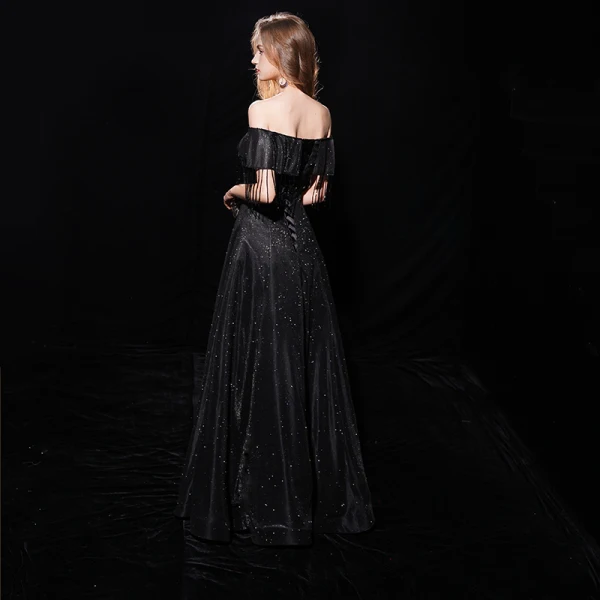 Sternenklarer Himmel Schwarz Abendkleider 2019 A Linie Off Shoulder Kurze Ärmel Quaste Glanz Polyester Lange Rüschen Rückenfreies Festliche Kleider