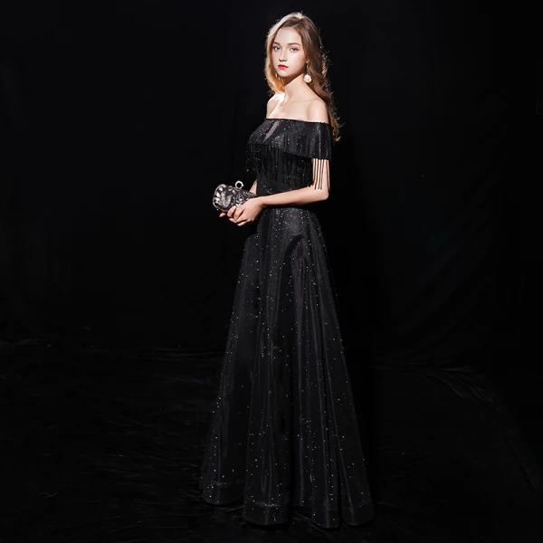 Sternenklarer Himmel Schwarz Abendkleider 2019 A Linie Off Shoulder Kurze Ärmel Quaste Glanz Polyester Lange Rüschen Rückenfreies Festliche Kleider