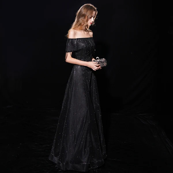 Sternenklarer Himmel Schwarz Abendkleider 2019 A Linie Off Shoulder Kurze Ärmel Quaste Glanz Polyester Lange Rüschen Rückenfreies Festliche Kleider