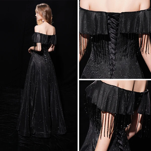 Sternenklarer Himmel Schwarz Abendkleider 2019 A Linie Off Shoulder Kurze Ärmel Quaste Glanz Polyester Lange Rüschen Rückenfreies Festliche Kleider
