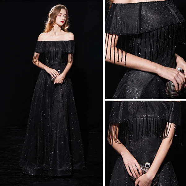 Sternenklarer Himmel Schwarz Abendkleider 2019 A Linie Off Shoulder Kurze Ärmel Quaste Glanz Polyester Lange Rüschen Rückenfreies Festliche Kleider